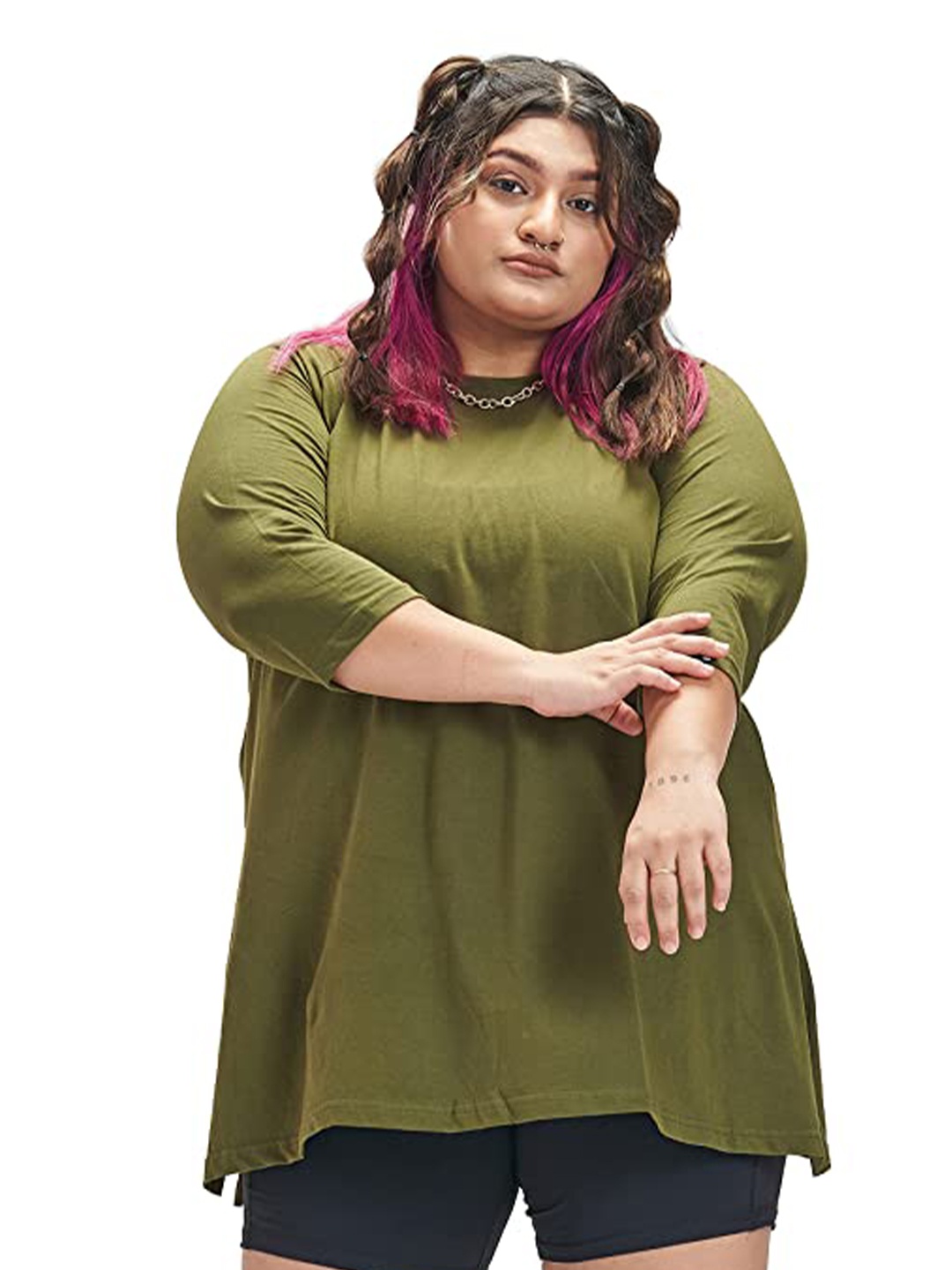 

SPIRIT ANIMAL Women Olive Green Extended Sleeves T-shirt