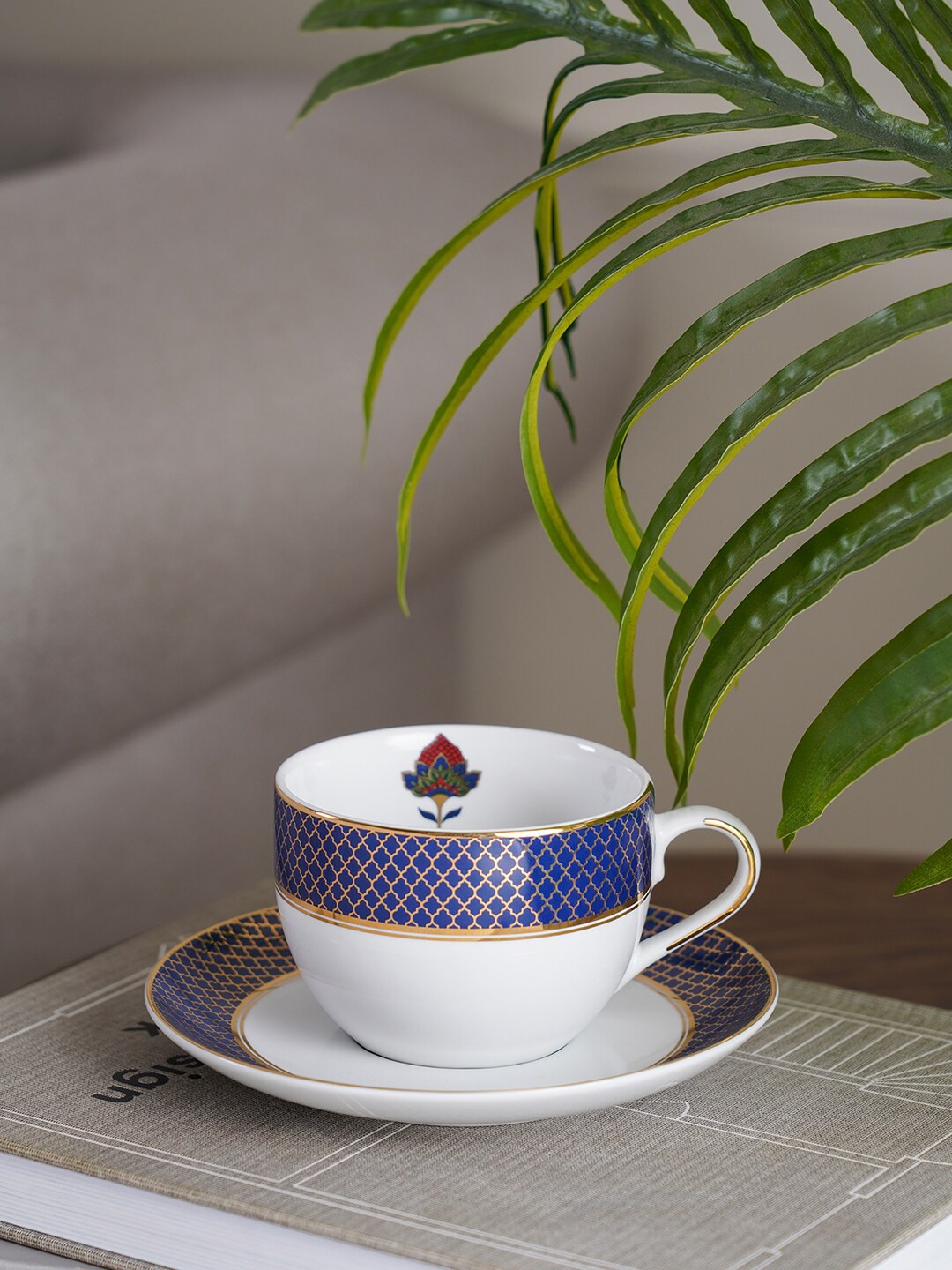 

Pure Home and Living White & Blue Set of 2 Printed Porcelain Cups and Saucers 300 ml Each