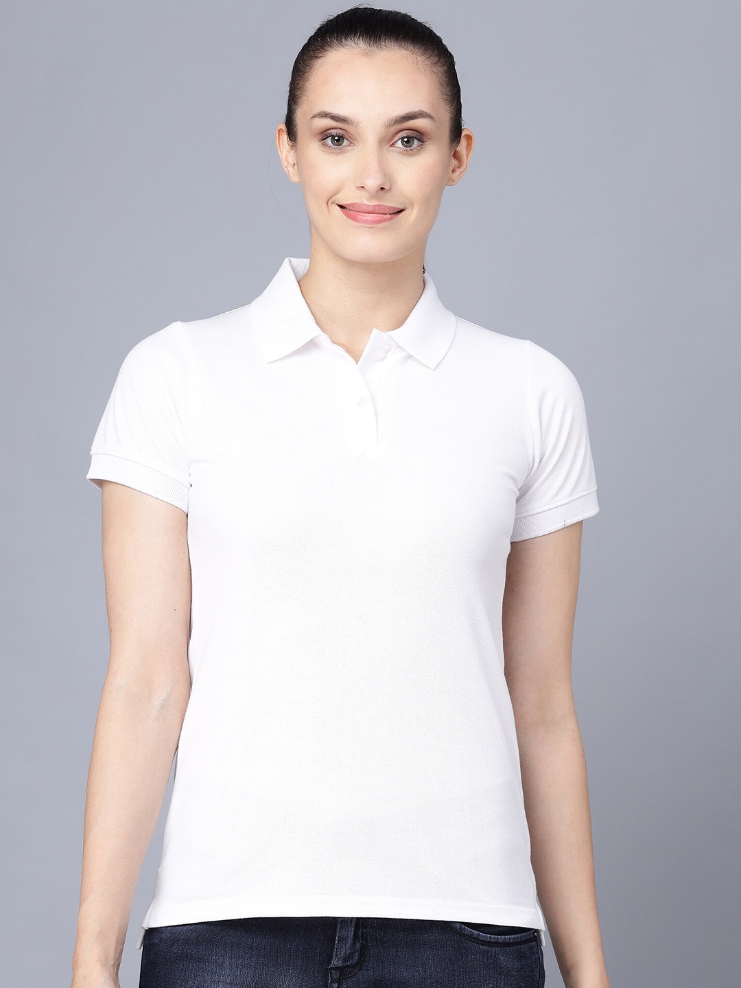 

VIVINKS Women White Polo Collar Applique T-shirt