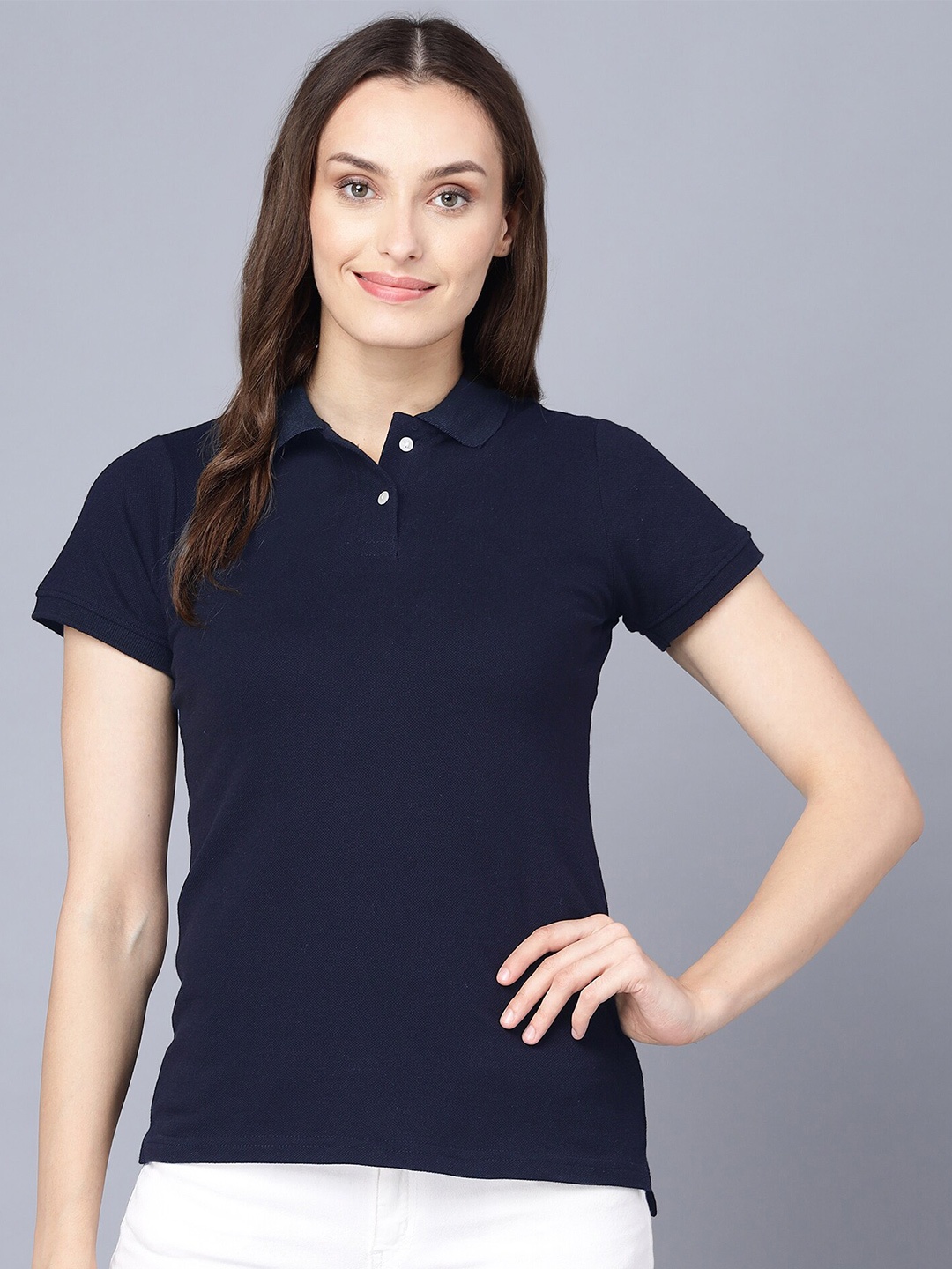 

VIVINKS Women Navy Blue Polo Collar T-shirt