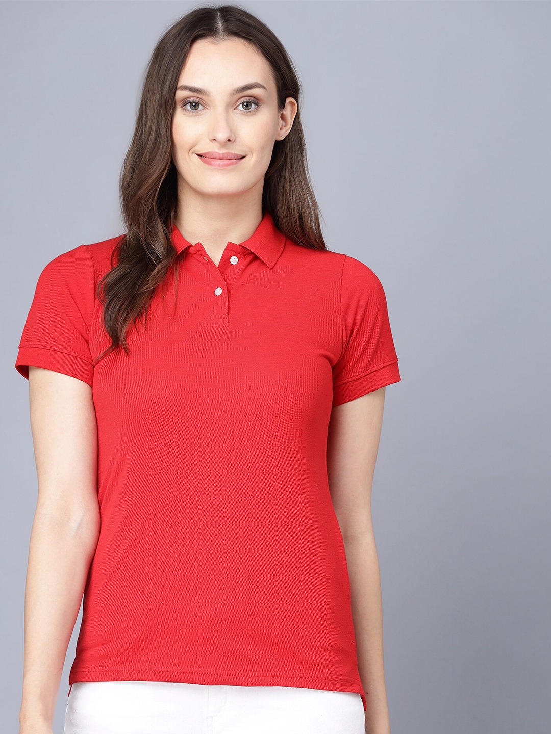 

VIVINKS Women Red Polo Collar Applique T-shirt