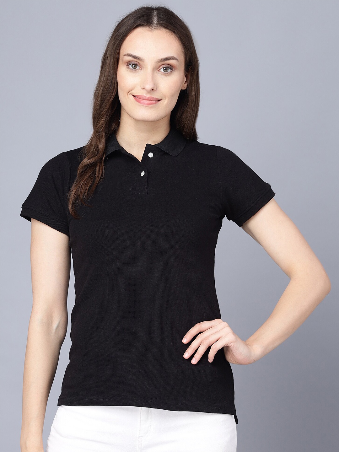 

VIVINKS Women Black Polo Collar T-shirt