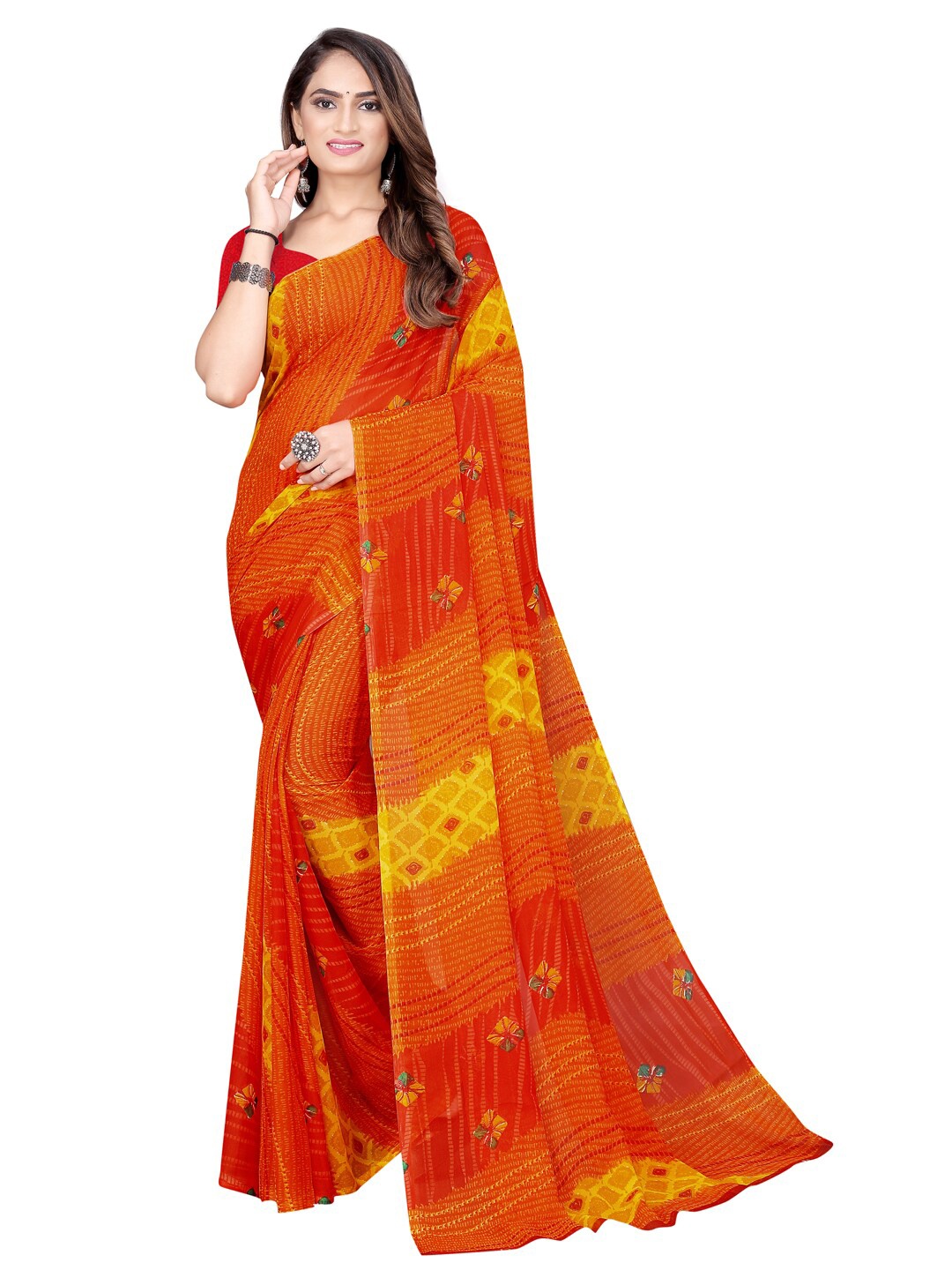

Silk Bazar Orange & Yellow Bandhani Pure Georgette Bandhani Saree