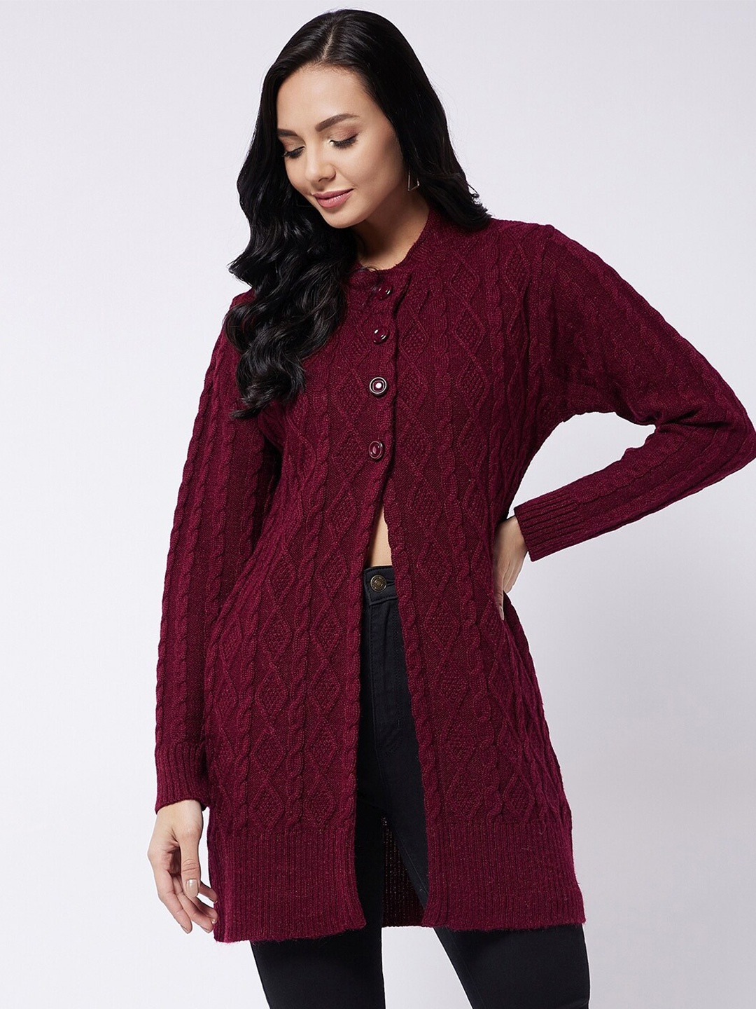 

RIVZA Women Maroon Self Design Cardigan