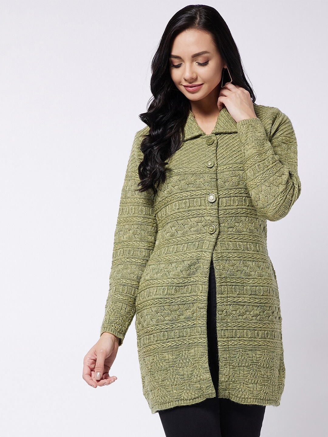 

RIVZA Women Green Longline Cardigan Sweater