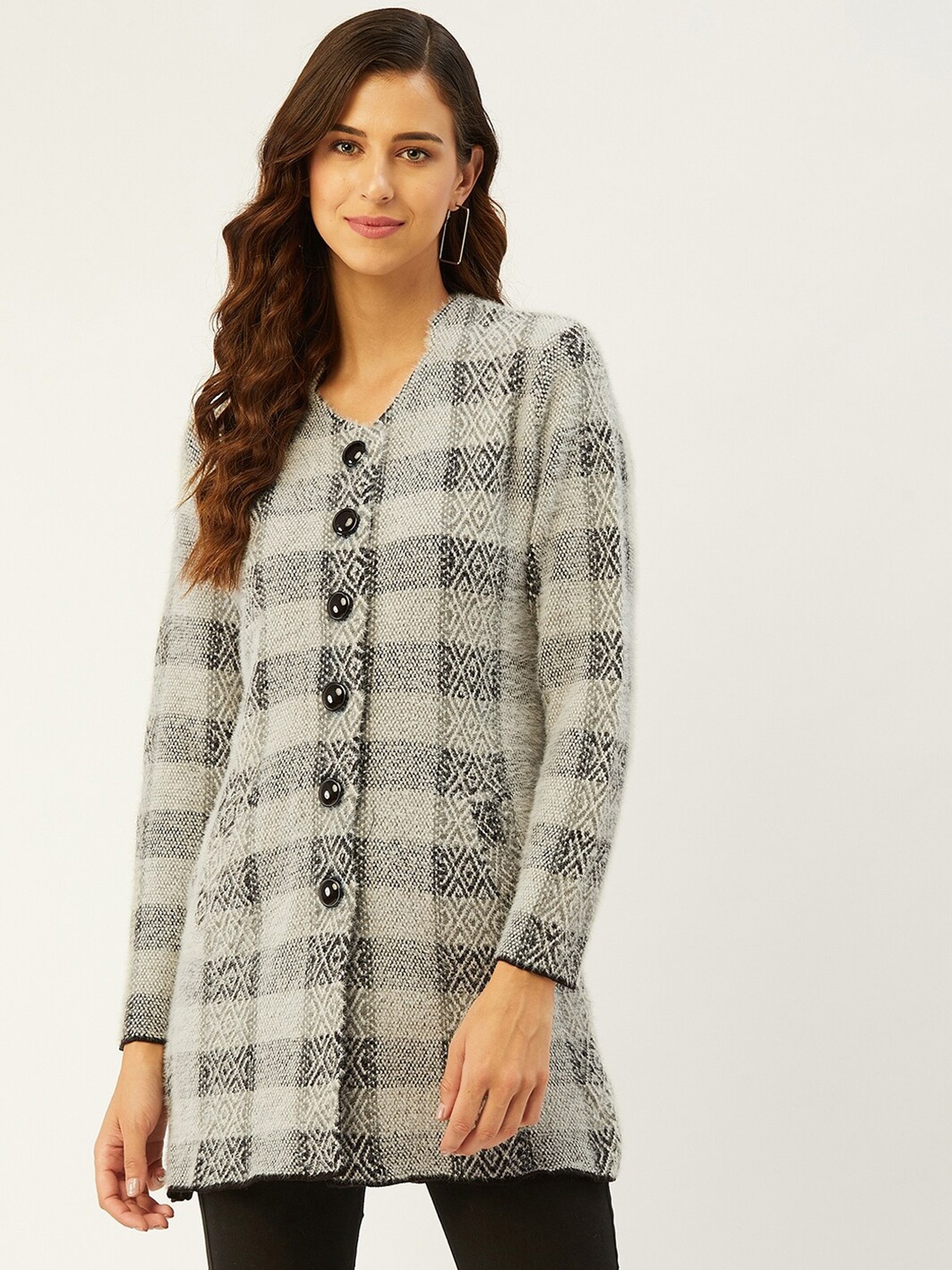 

RIVZA Women Grey & Black Checked Longline Cardigan