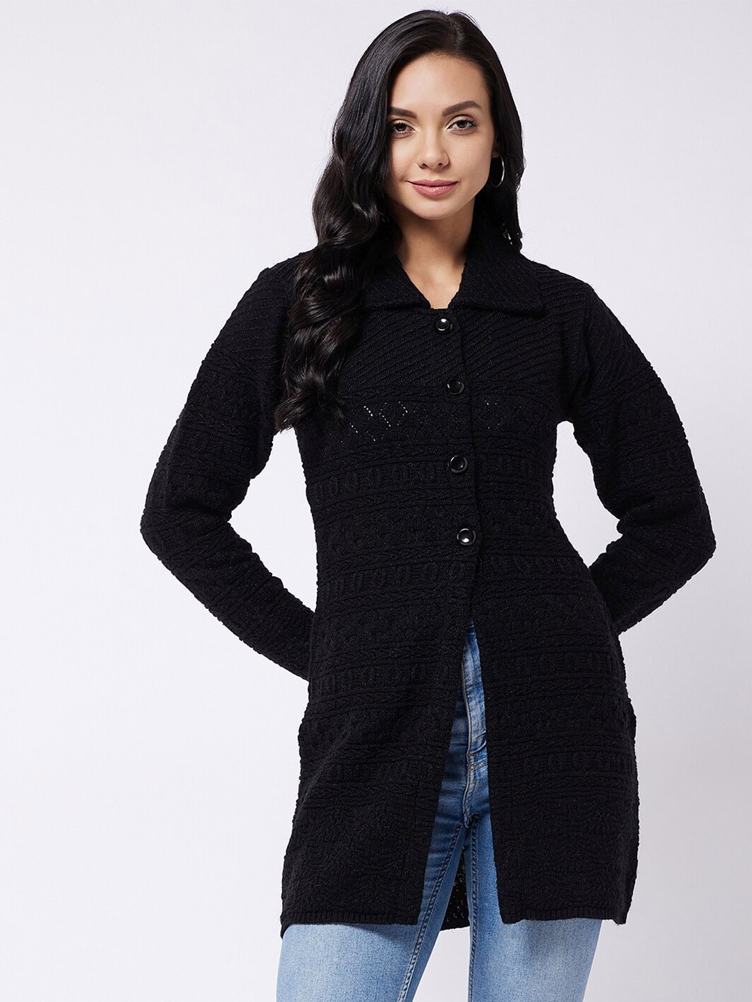 

RIVZA Women Black Cable Knit Acrylic Ethnic Cardigan Sweater