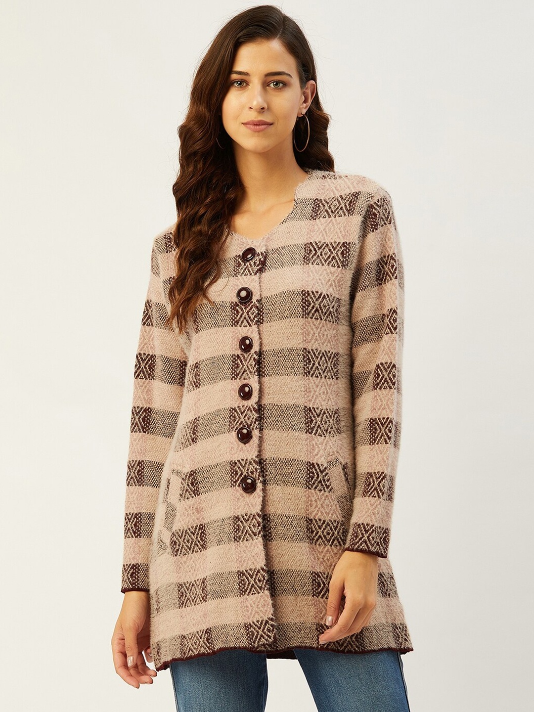 

RIVZA Women Pink & Brown Striped Longline Cardigan