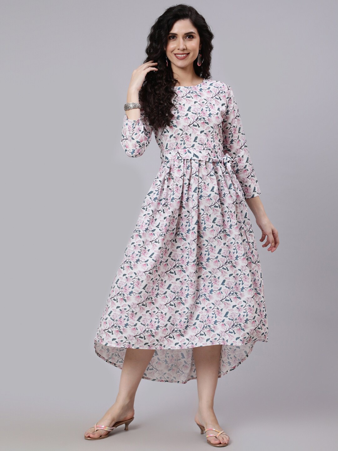 

AASI - HOUSE OF NAYO Off White Floral Crepe A-Line Midi Dress