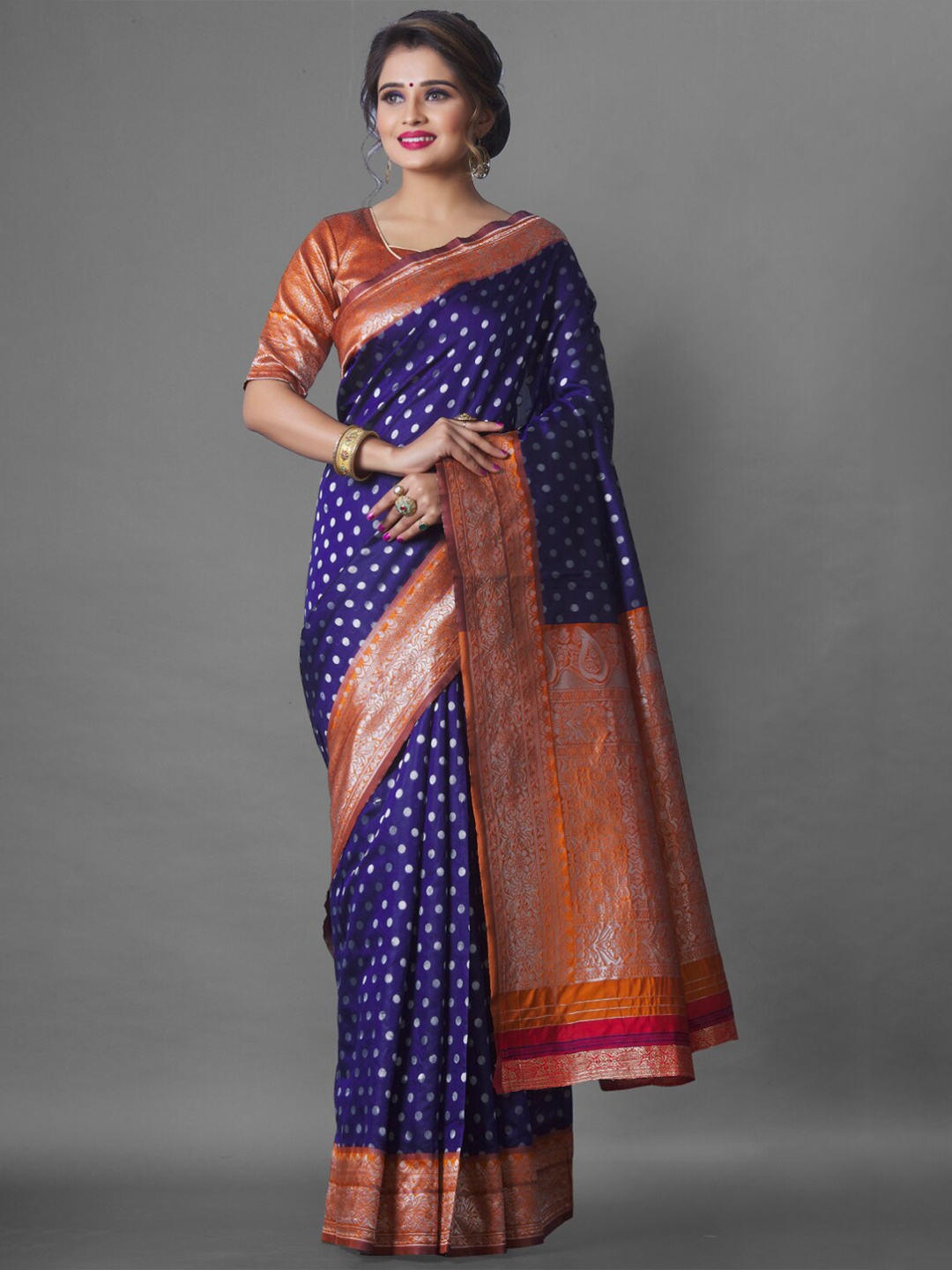 

TEREZA Polka Dots Zari Pure Silk Banarasi Saree, Blue