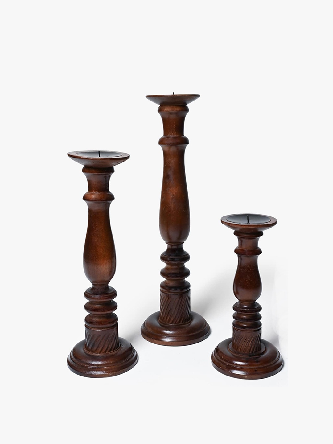

CASA DECOR Set of 3 Brown Solid Wooden Candle Holders