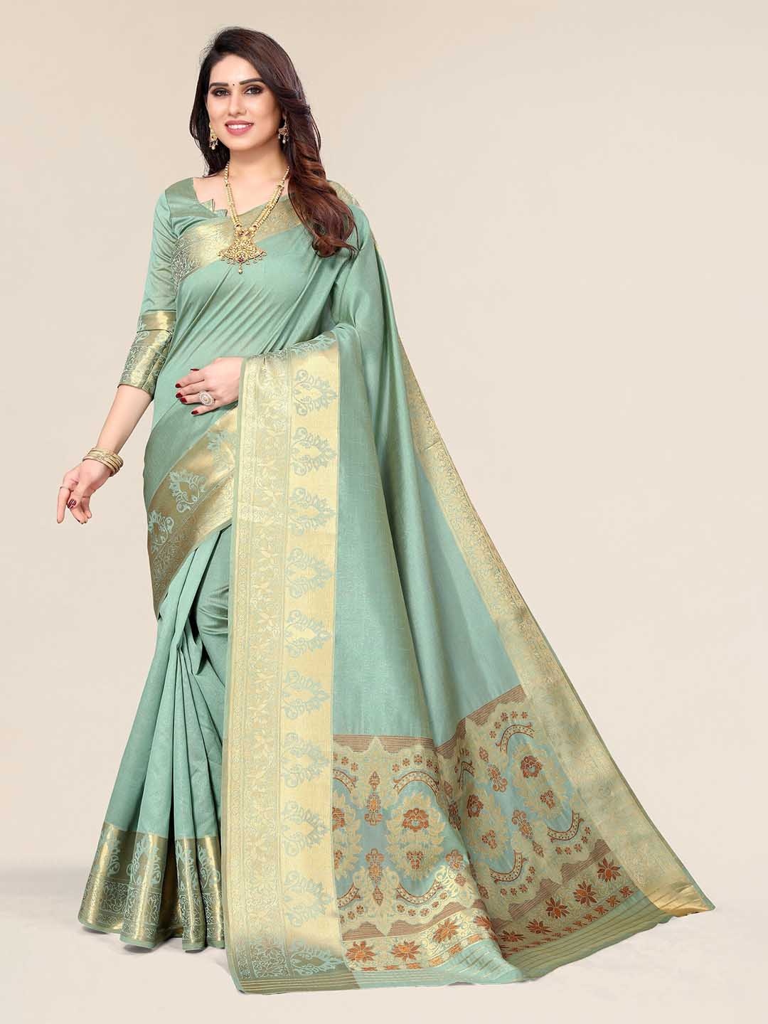 

Winza Designer Sea Green & Mustard Zari Banarasi Saree