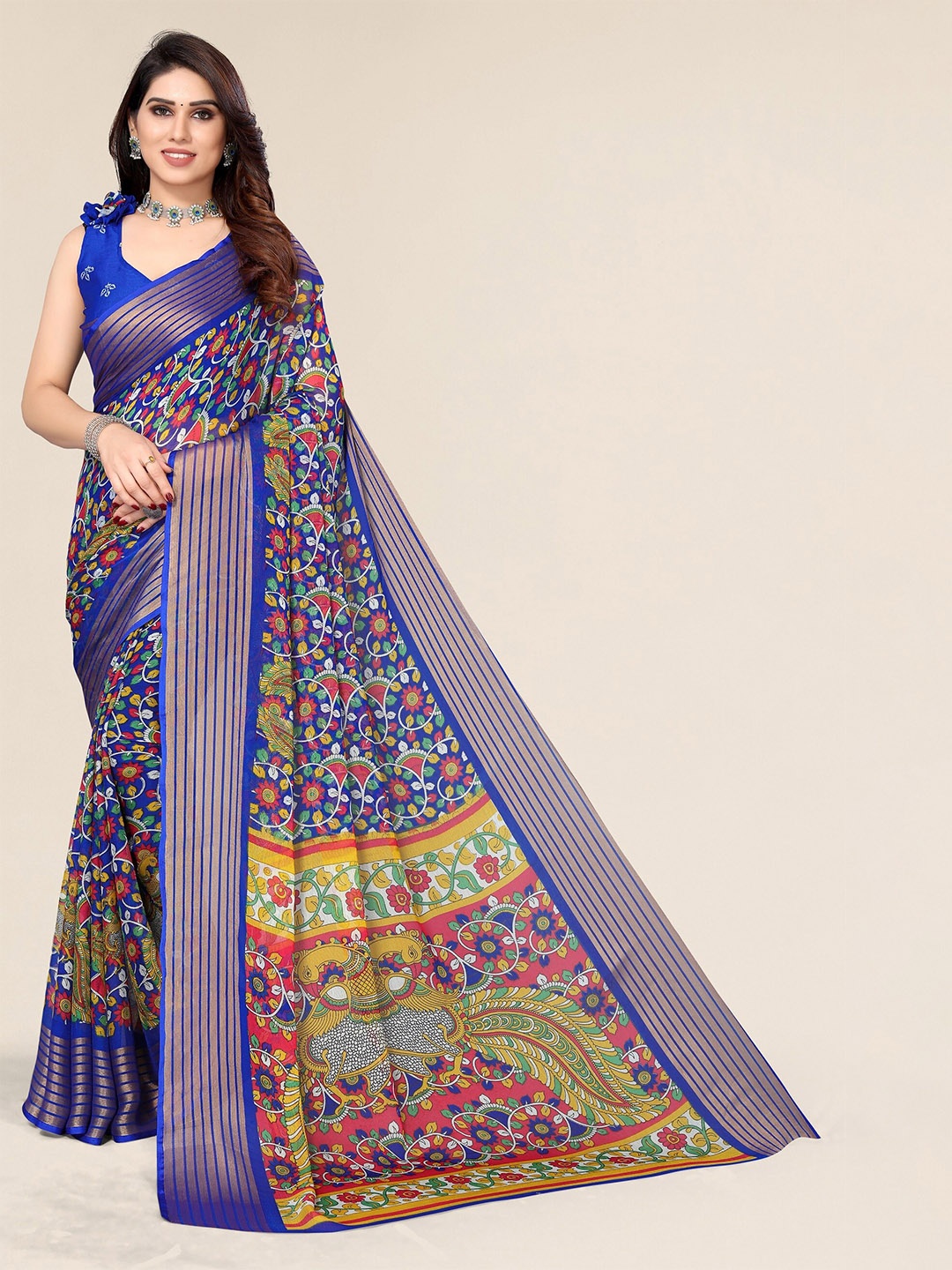 

Winza Designer Blue & Orange Floral Zari Pure Chiffon Bagh Saree