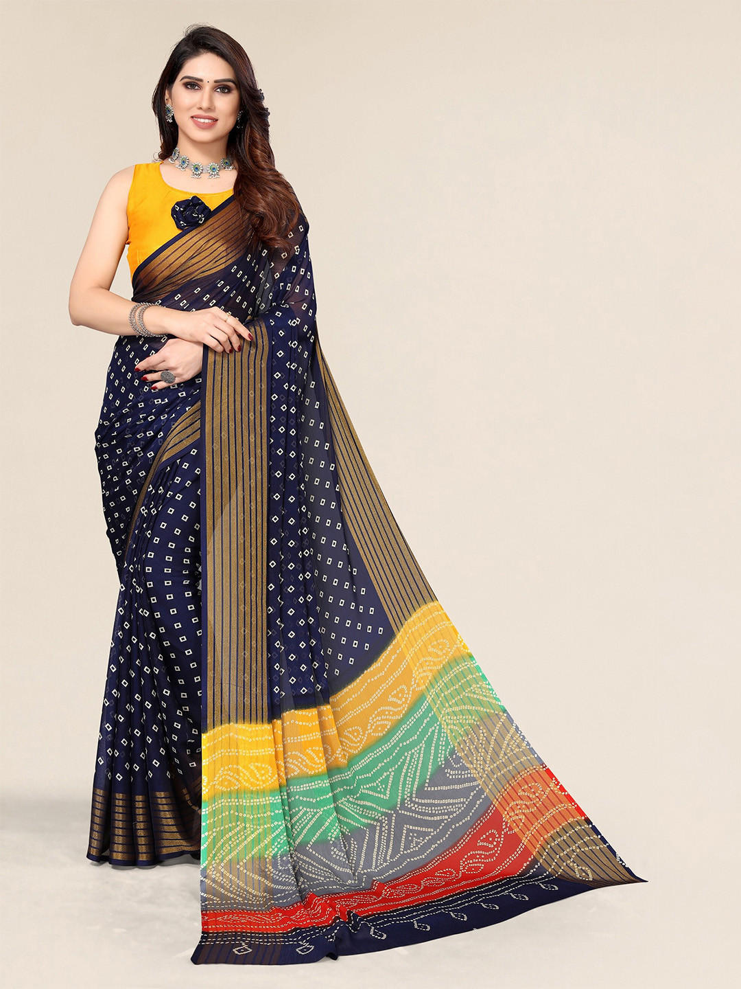 

Winza Designer Women Navy Blue & Green Polka Dots Pure Chiffon Bandhani Saree