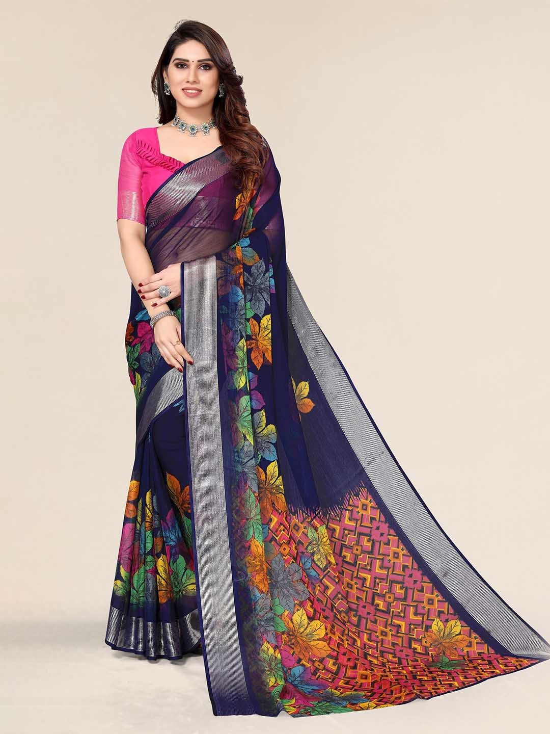 

Winza Designer Navy Blue & Red Floral Zari Pure Chiffon Bagh Saree
