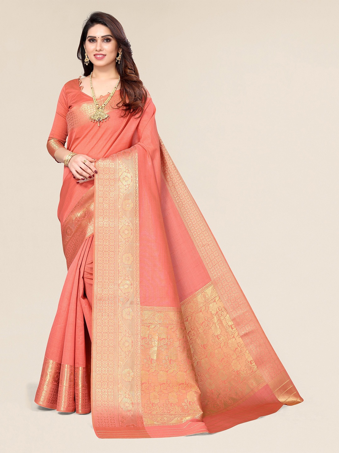 

Winza Designer Peach-Coloured & Gold-Toned Zari Silk Blend Banarasi Saree