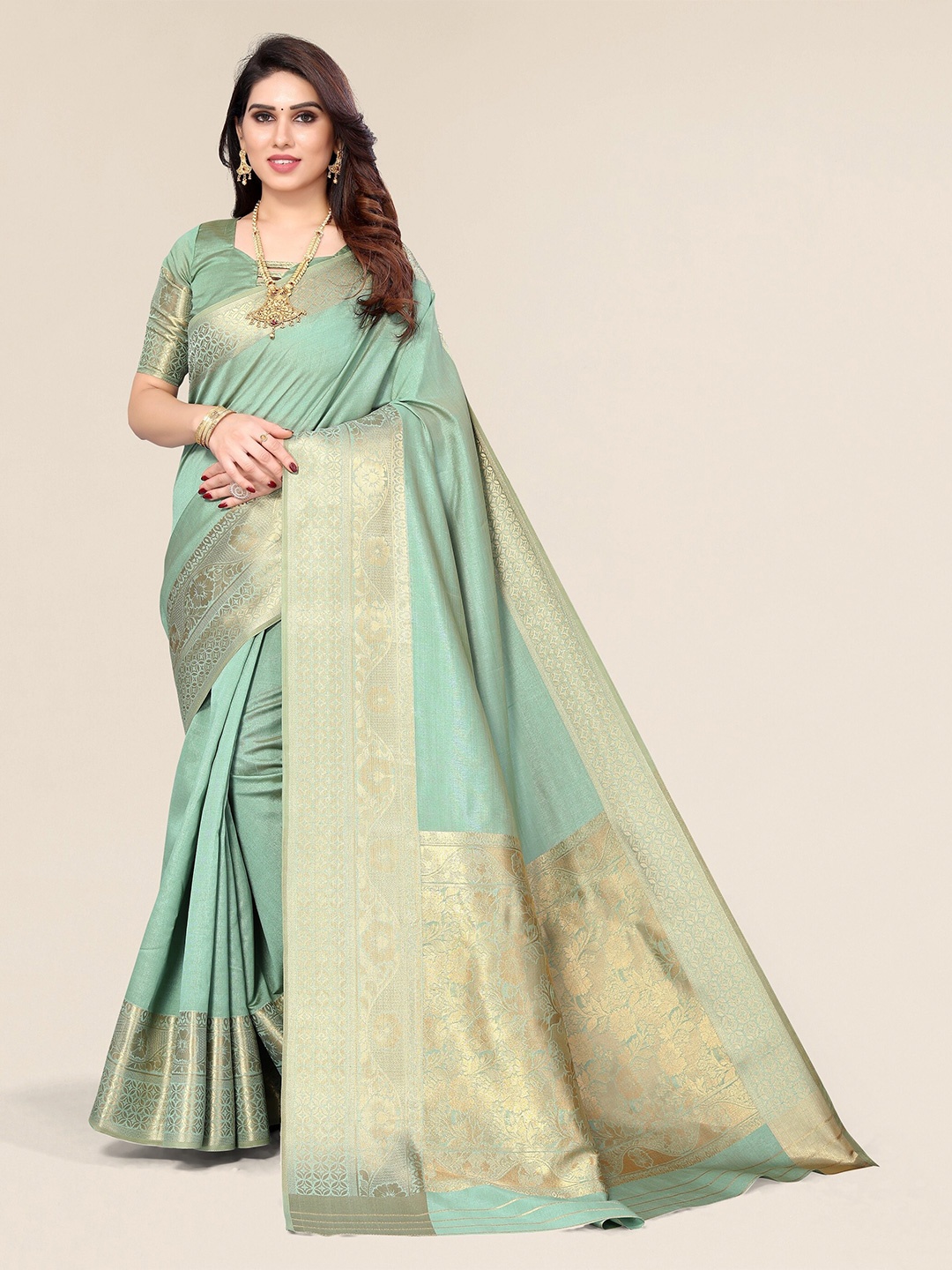 

Winza Designer Sea Green & Gold-Toned Zari Silk Blend Banarasi Saree