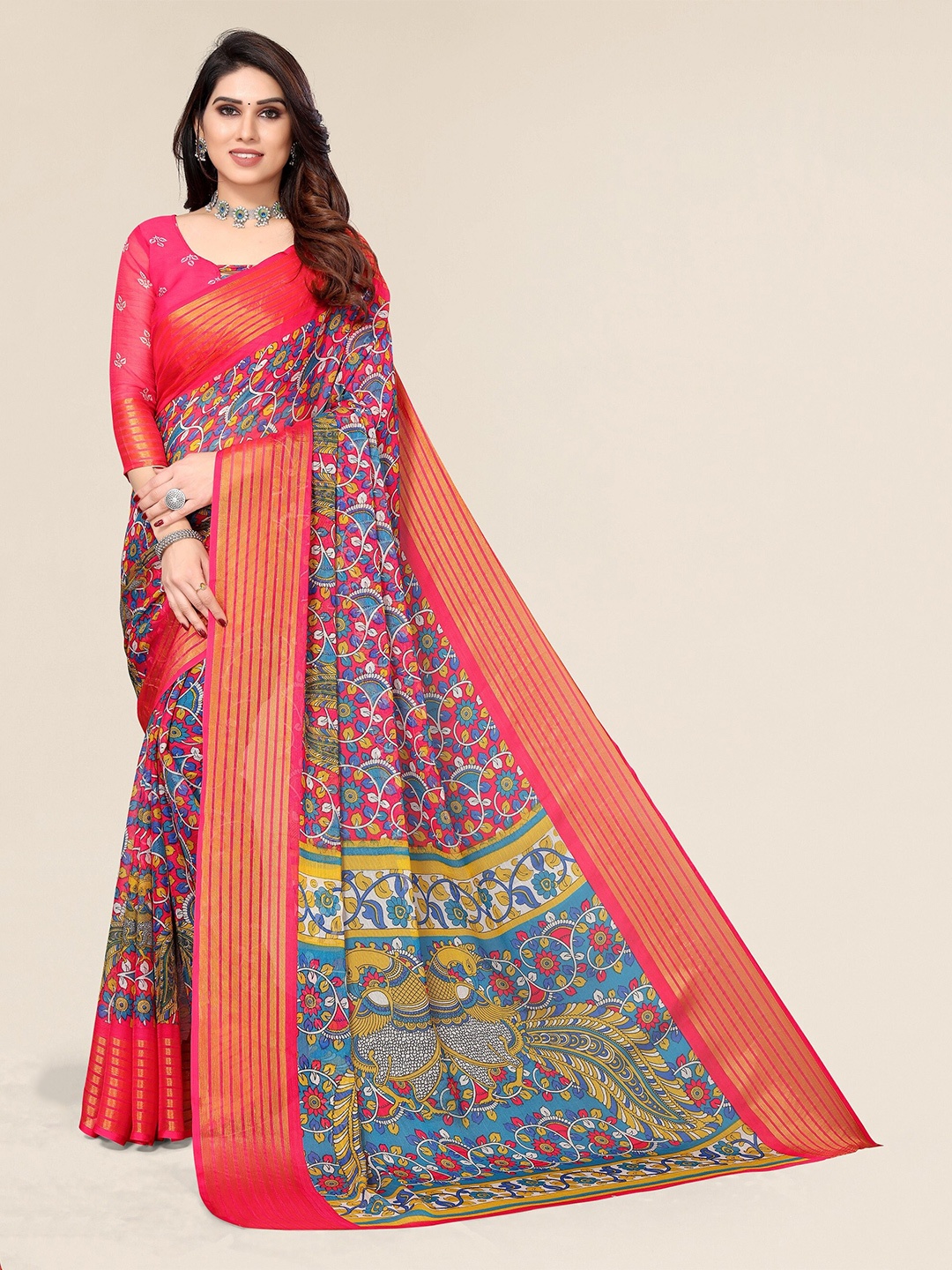 

Winza Designer Pink & Blue Floral Zari Pure Chiffon Bagh Saree