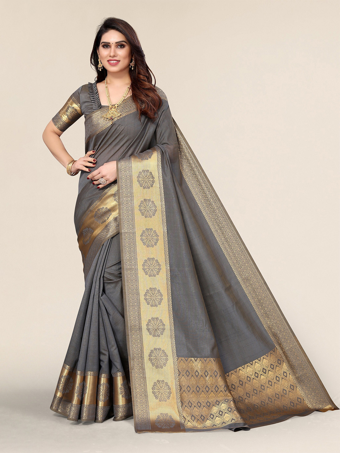 

Winza Designer Grey & Gold-Toned Zari Silk Blend Banarasi Saree