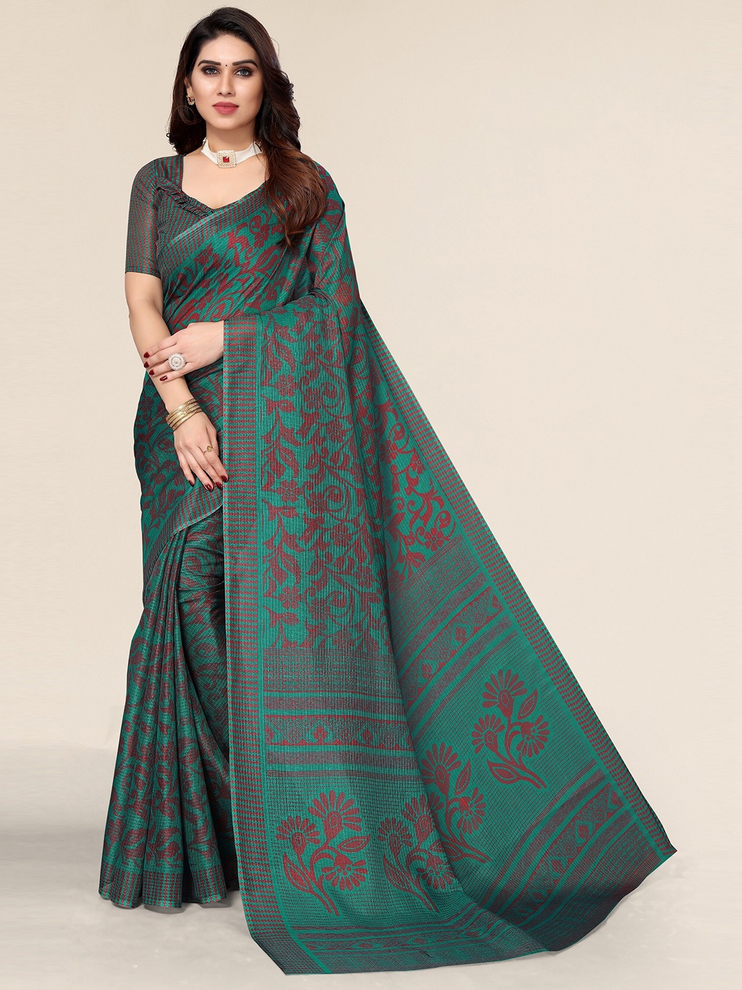 

Winza Designer Teal & Red Floral Zari Kota Saree