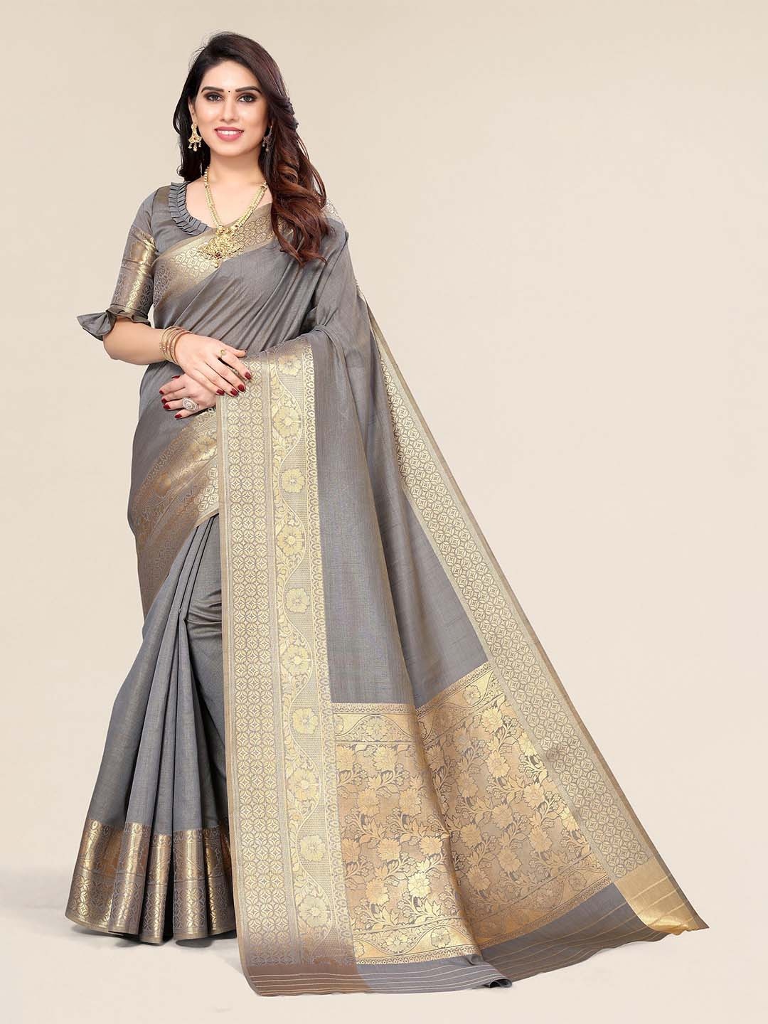 

Winza Designer Grey & Gold-Toned Zari Silk Blend Banarasi Saree