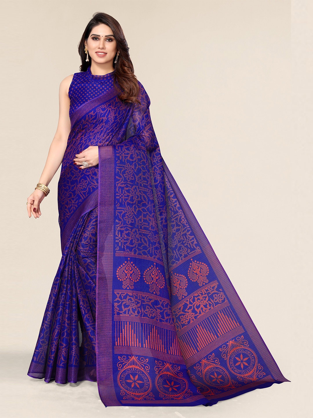 

Winza Designer Blue & Peach-Coloured Floral Zari Kota Saree