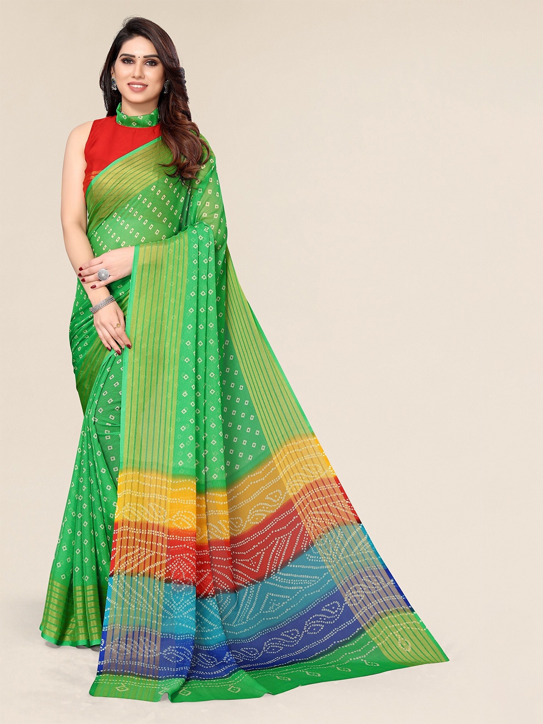 

Winza Designer Green & Yellow Zari Pure Chiffon Bandhani Saree