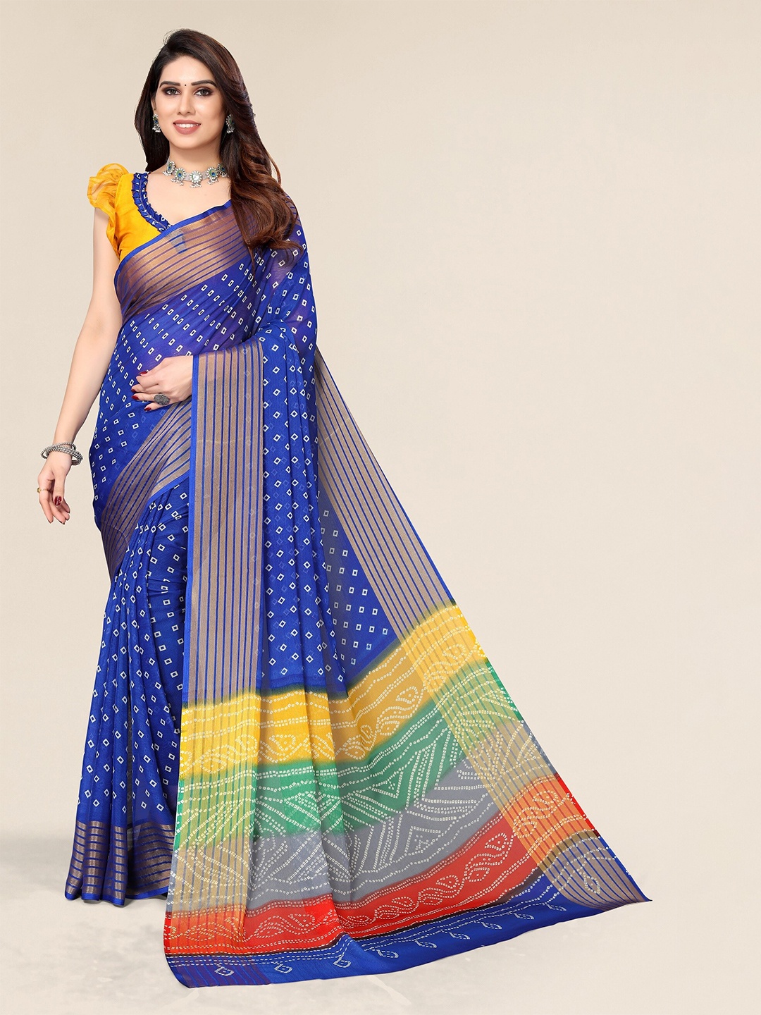 

Winza Designer Blue & Green Bandhani Zari Pure Chiffon Bandhani Saree