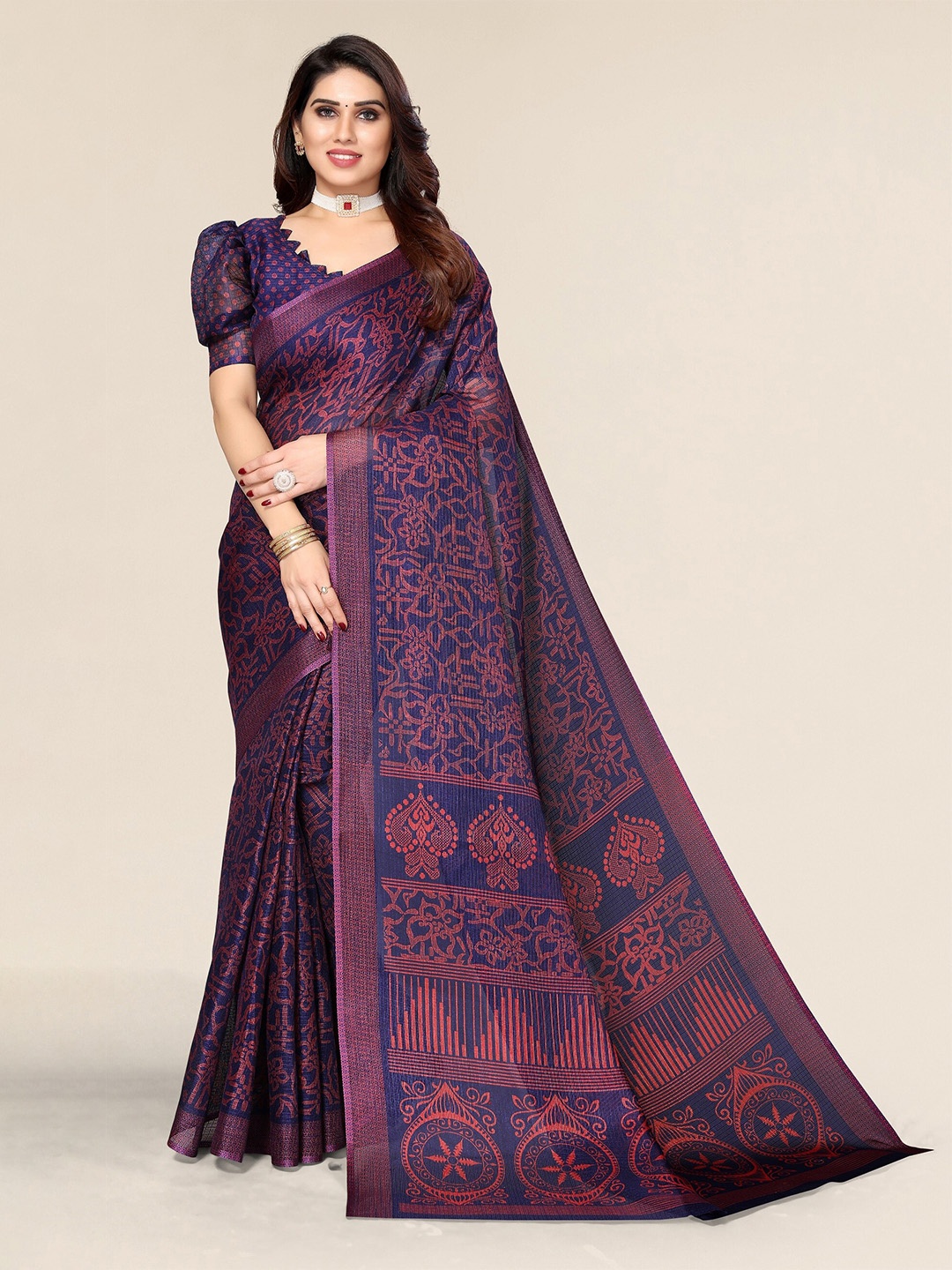 

Winza Designer Navy Blue & Violet Ethnic Motifs Kota Saree