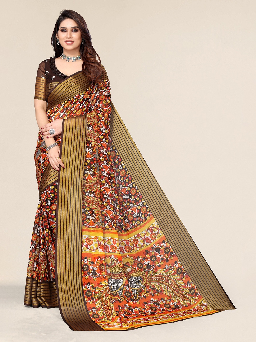 

Winza Designer Brown & Orange Kalamkari Zari Pure Chiffon Saree