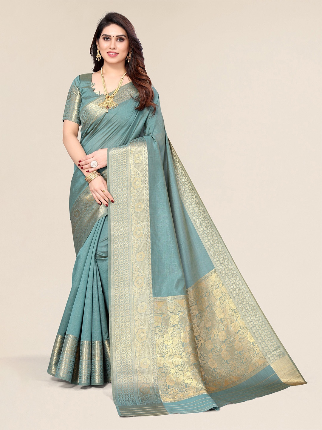 

Winza Designer Blue & Gold-Toned Zari Silk Blend Banarasi Saree