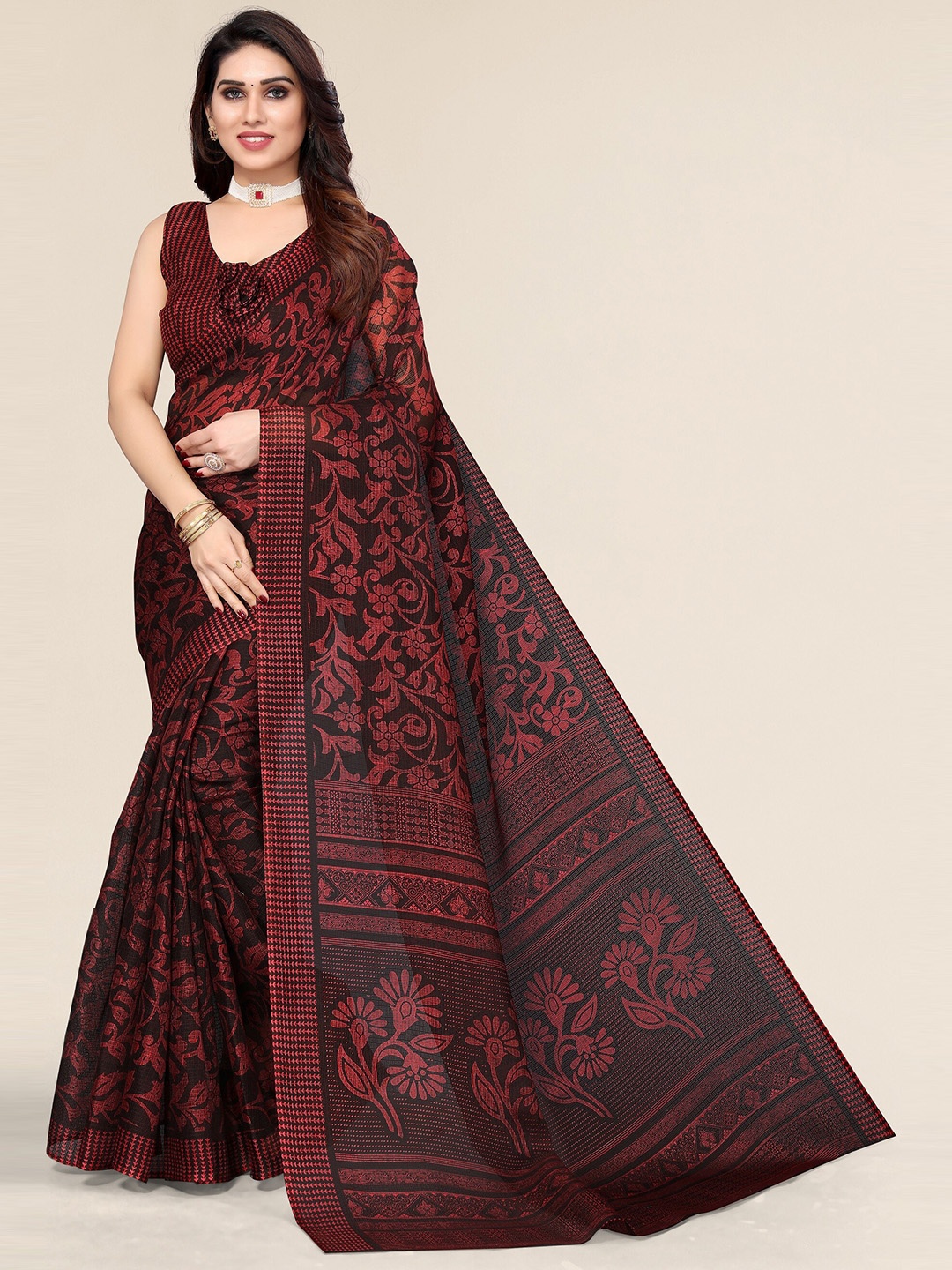 

Winza Designer Brown & Red Floral Printed Kota Saree