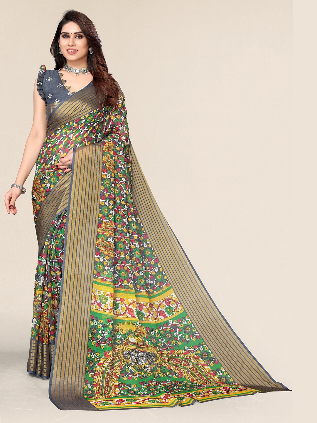 

Winza Designer Grey & Yellow Kalamkari Zari Pure Chiffon Saree