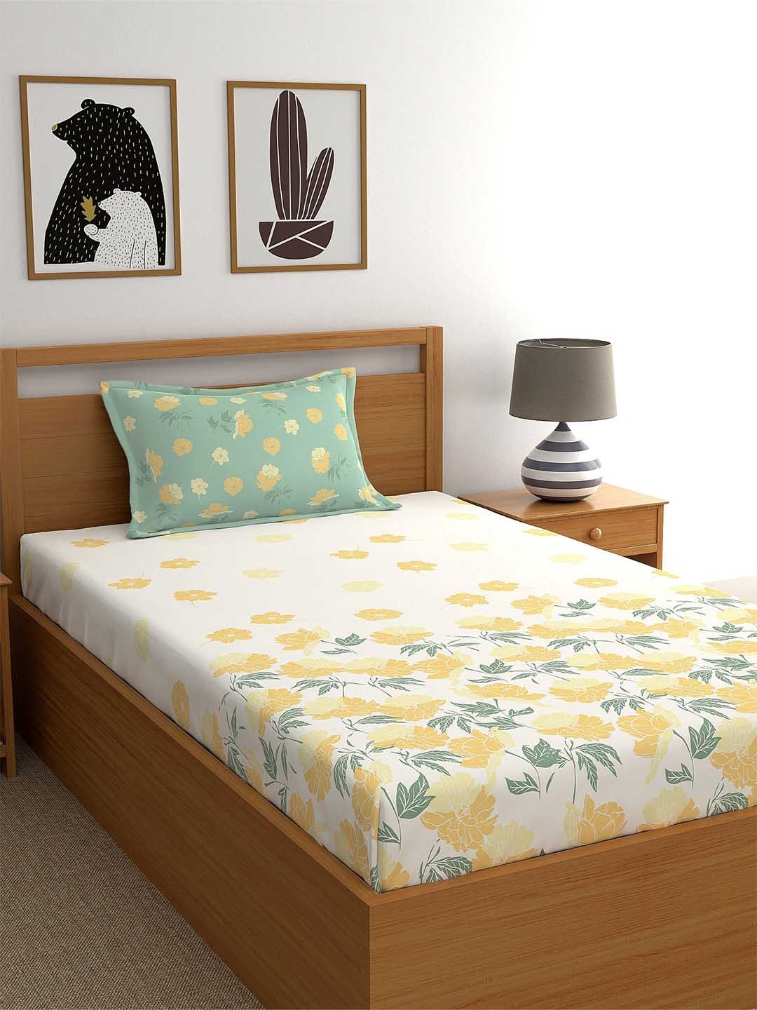 

Dreamscape Beige & Yellow Floral 140 TC Single Bedsheet with 1 Pillow Covers