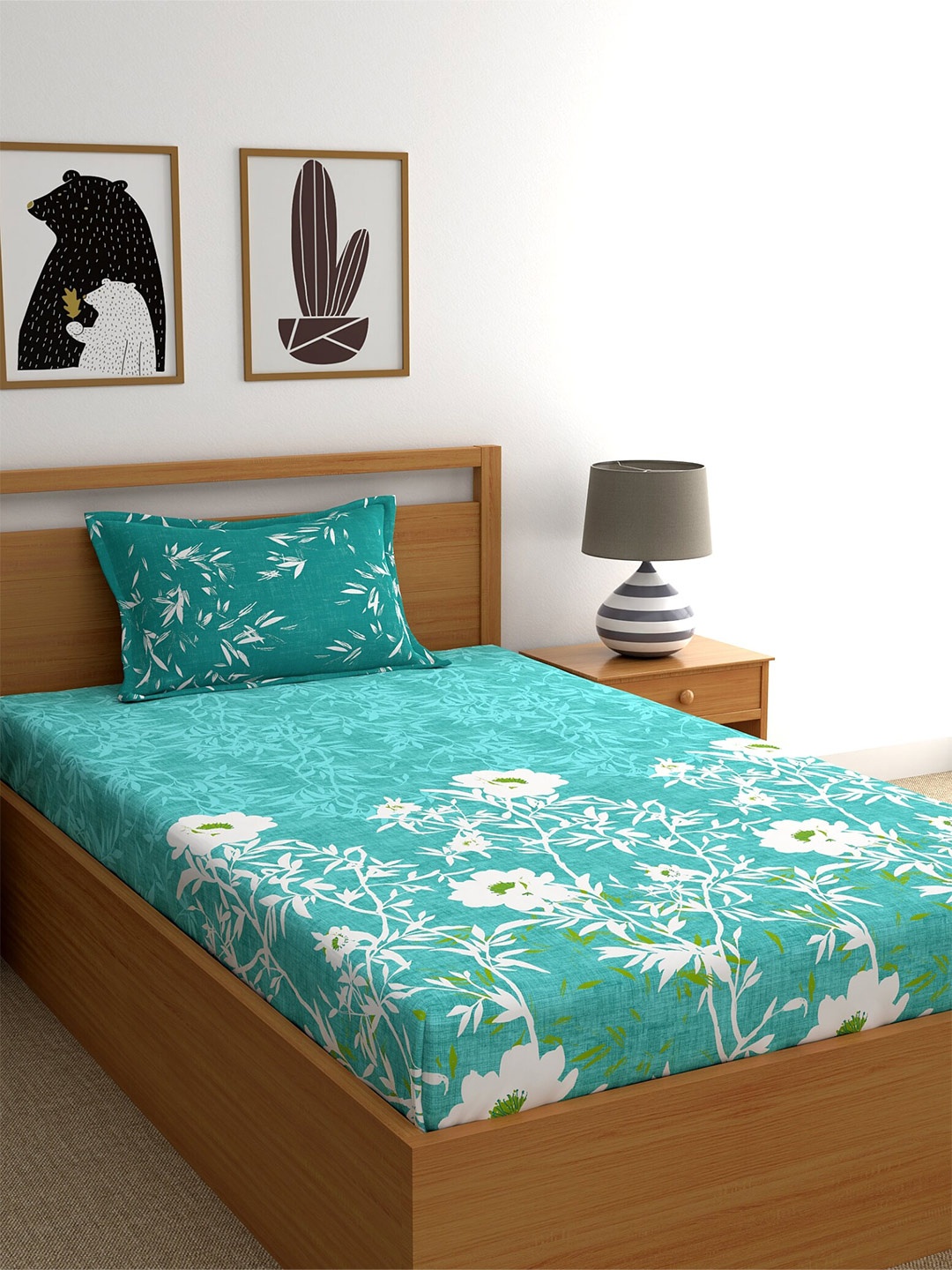 

Dreamscape Teal & White Floral 140 TC Cotton Single Bedsheet with 1 Pillow Covers