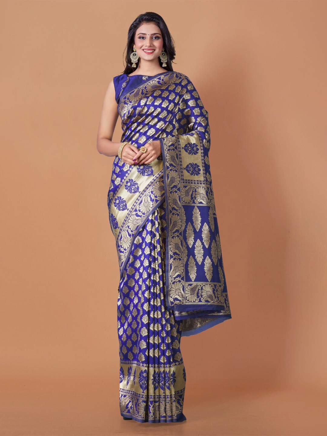 

TEREZA Ethnic Motifs Zari Pure Silk Banarasi Saree, Navy blue