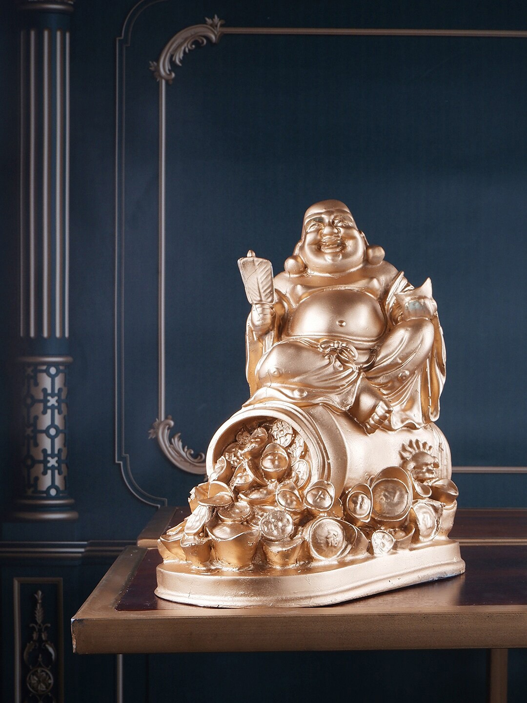 

THE WHITE INK DECOR Gold-Toned Laughing Buddha Figurine Showpiece