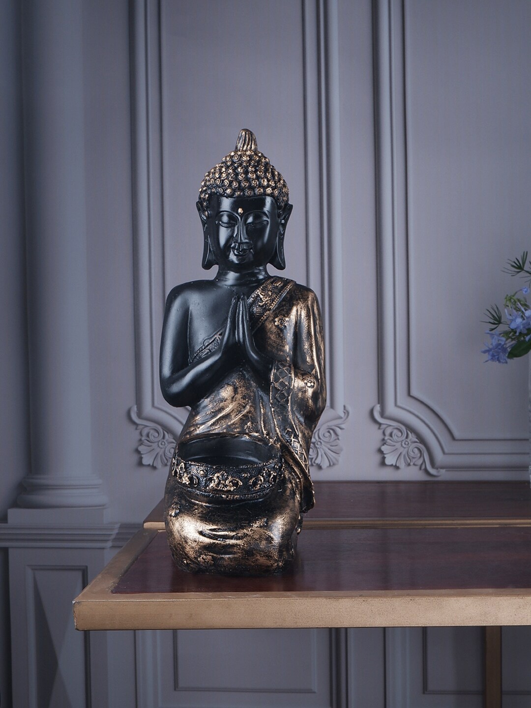 

THE WHITE INK DECOR Black & Gold-Toned Antique Buddha Figurine Showpiece