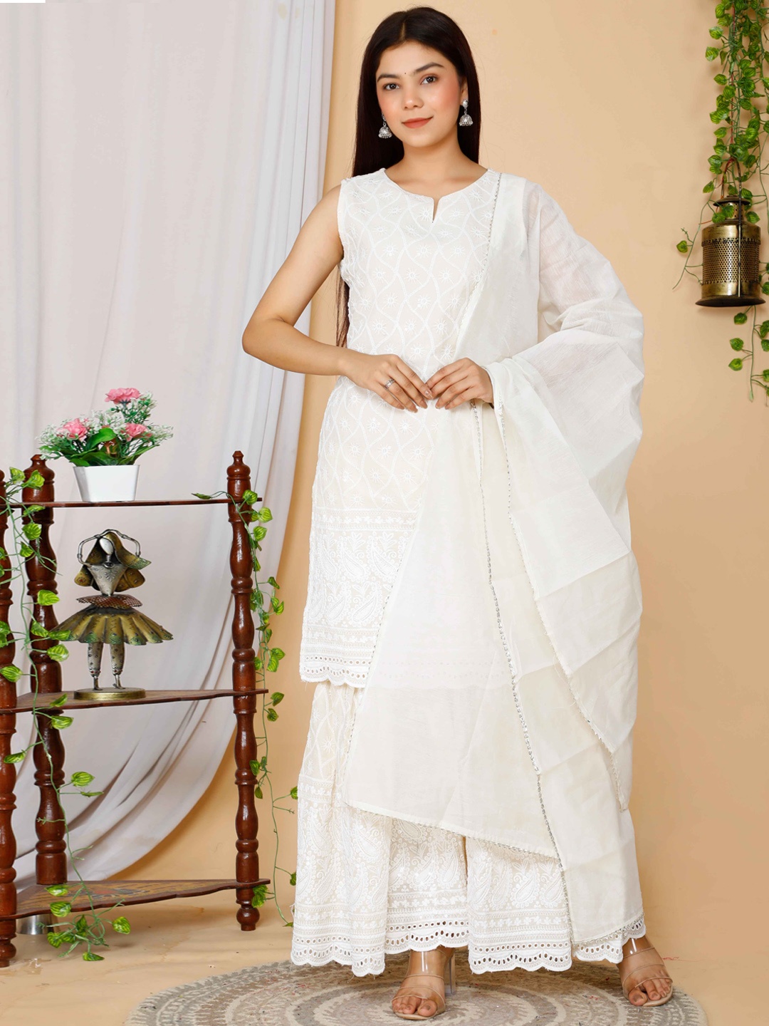 

MIRAVAN Women White Embroidered Chikankari Pure Cotton Kurta with Sharara & With Dupatta