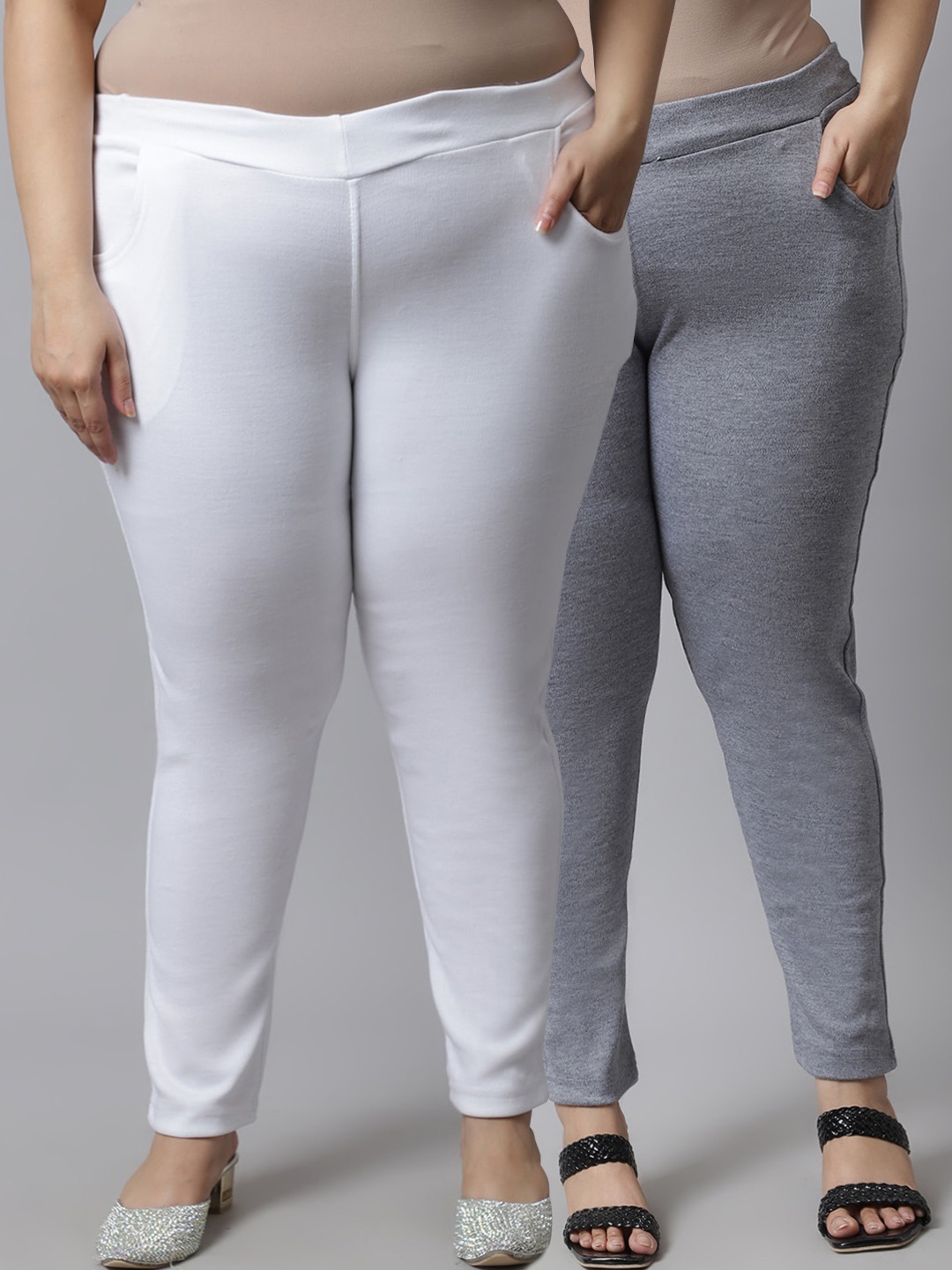 

TAG 7 PLUS Women Plus Size Pack of 2 Grey & White Solid Ankle-Length Woolen Leggings