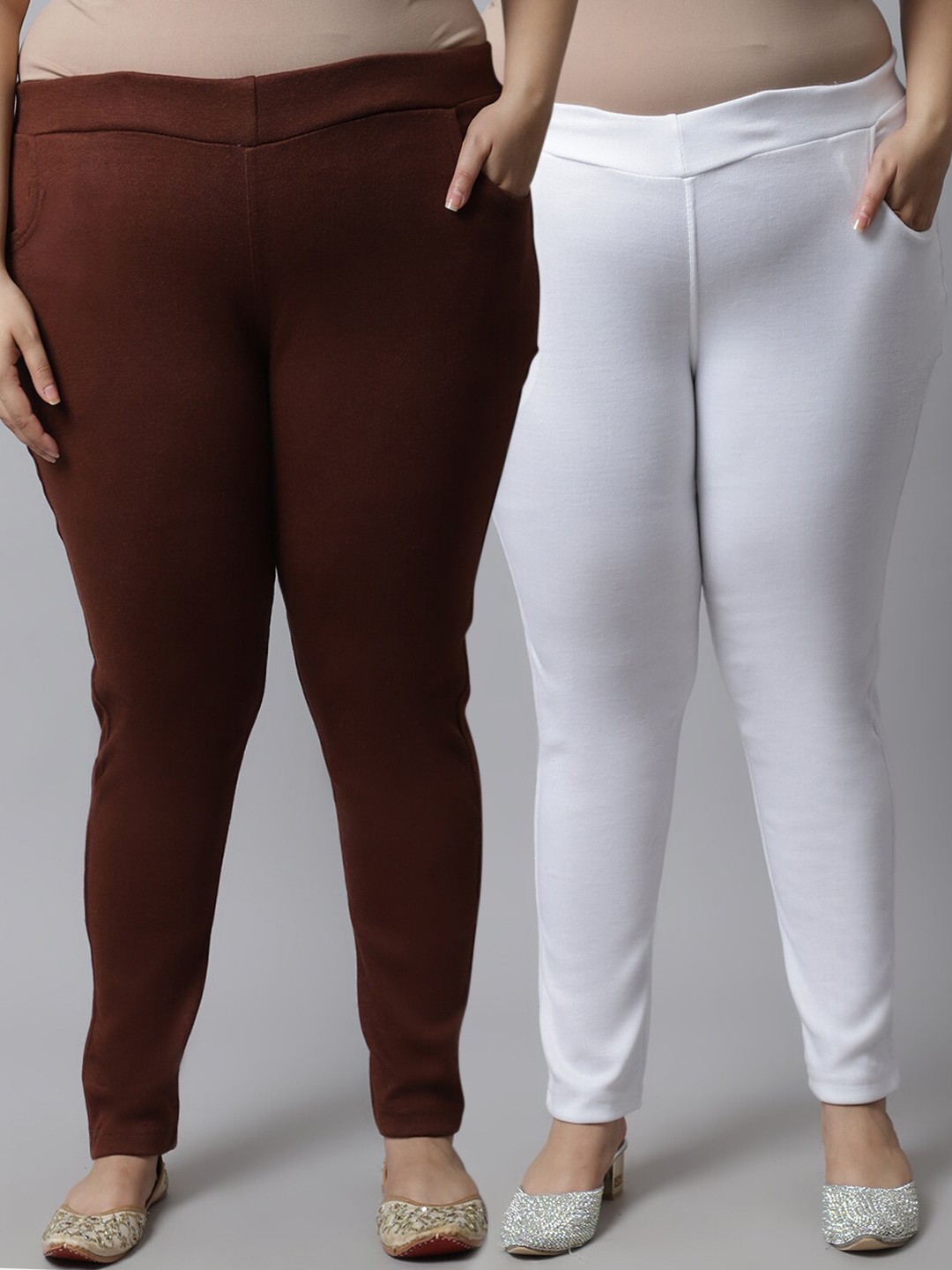 

TAG 7 PLUS Women Plus Size Pack of 2 Brown & White Solid Ankle-Length Woolen Leggings