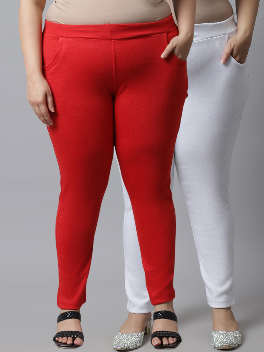 

TAG 7 PLUS Women Plus Size Pack of 2 Solid Ankle-Length Woolen Leggings, Red