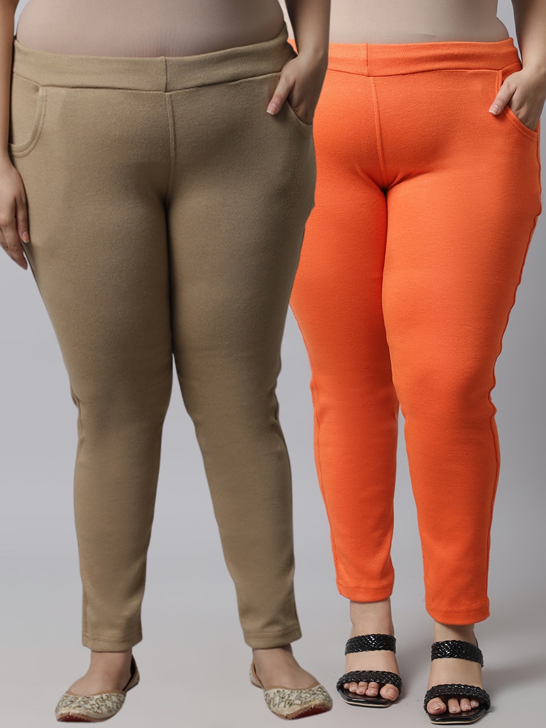 

TAG 7 PLUS Plus Size Women Pack of 2 Beige & Orange Solid Ankle-Length Leggings