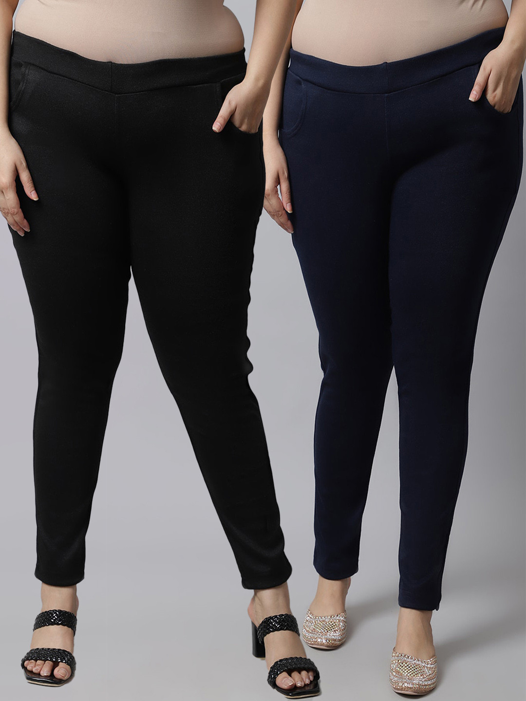 

TAG 7 PLUS Women Plus Size Pack of 2 Black & Navy Blue Solid Ankle-Length Woolen Leggings