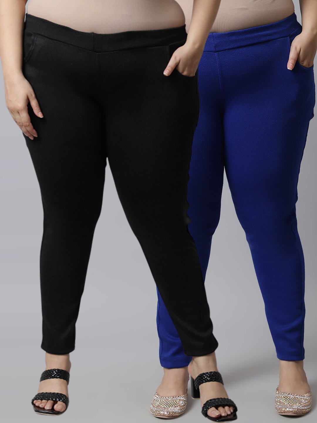 

TAG 7 PLUS Women Plus Size Pack of 2 Black & Blue Solid Ankle Length Woolen Leggings