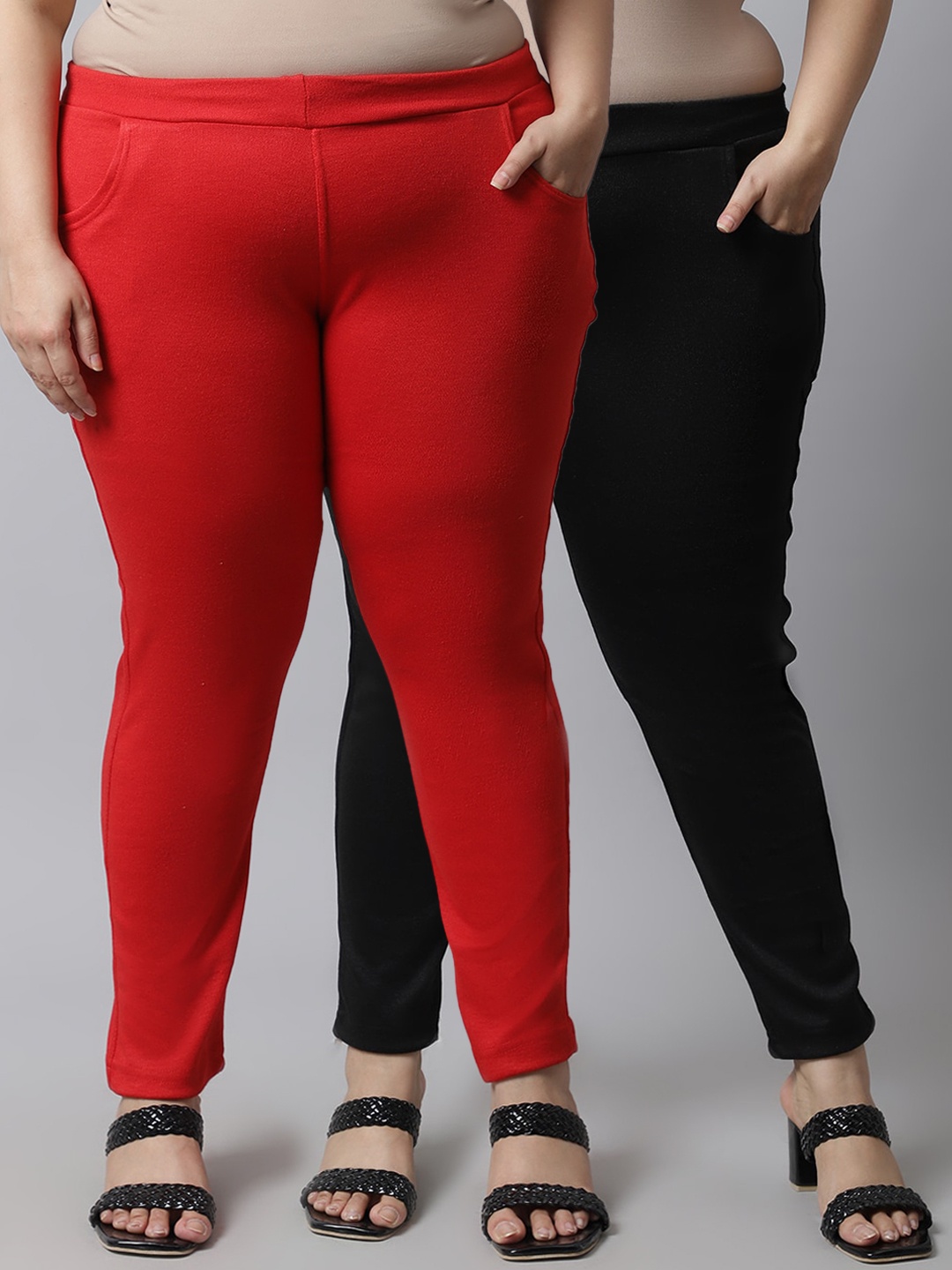 

TAG 7 PLUS Women Plus Size Pack of 2 Red & Black Solid Ankle-Length Woolen Leggings