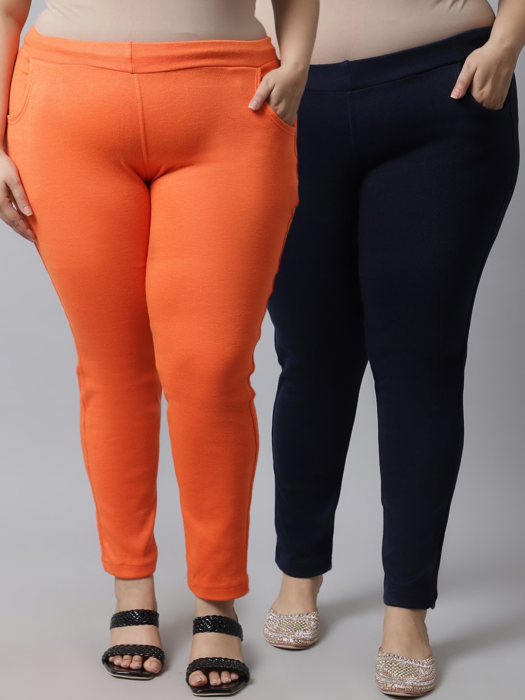 

TAG 7 PLUS Women Pack of 2 Orange & Navy Blue Solid Ankle-Length Woolen Leggings
