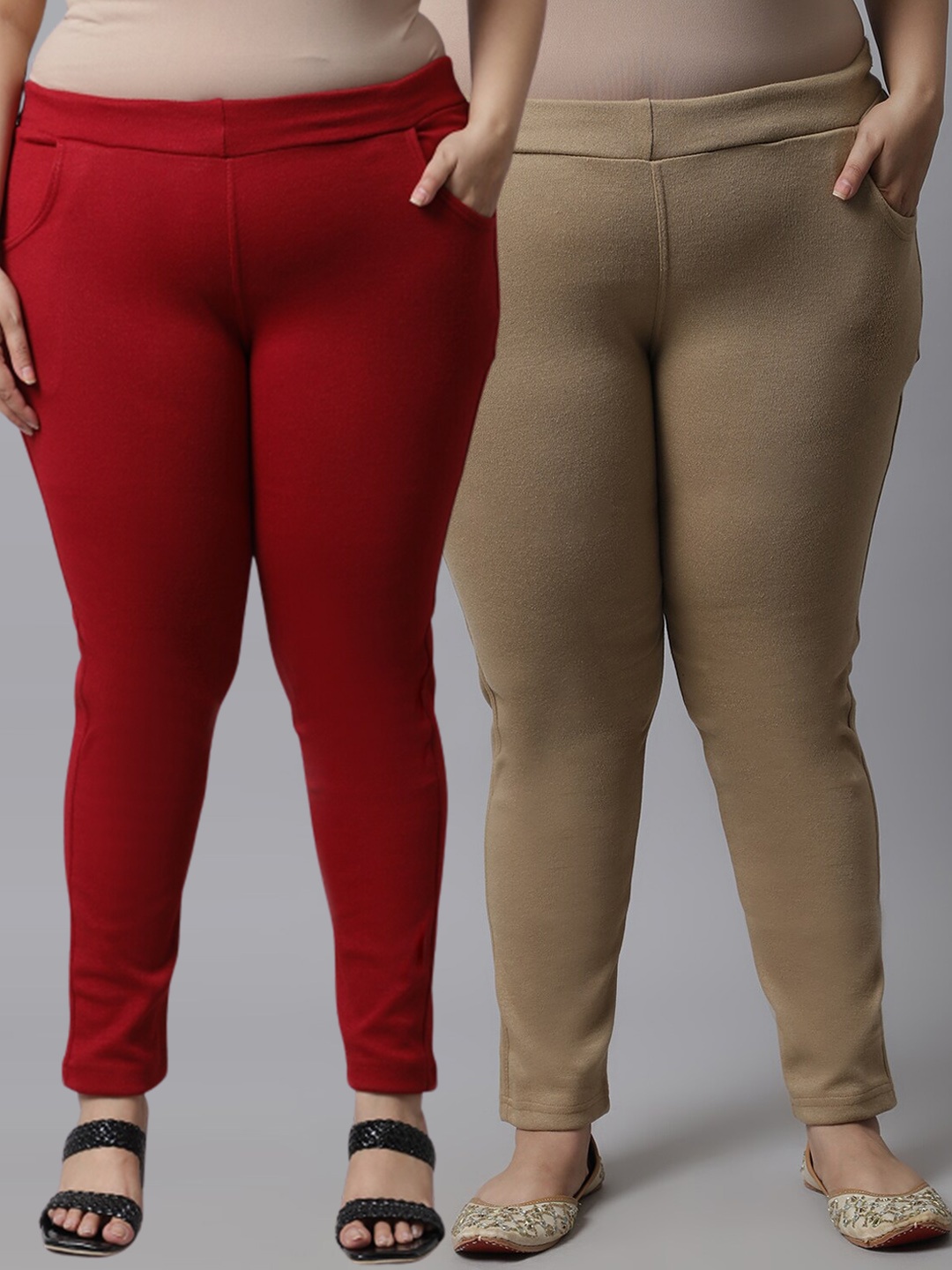

TAG 7 PLUS Plus Size Women Pack of 2 Beige And Red Woolen Leggings