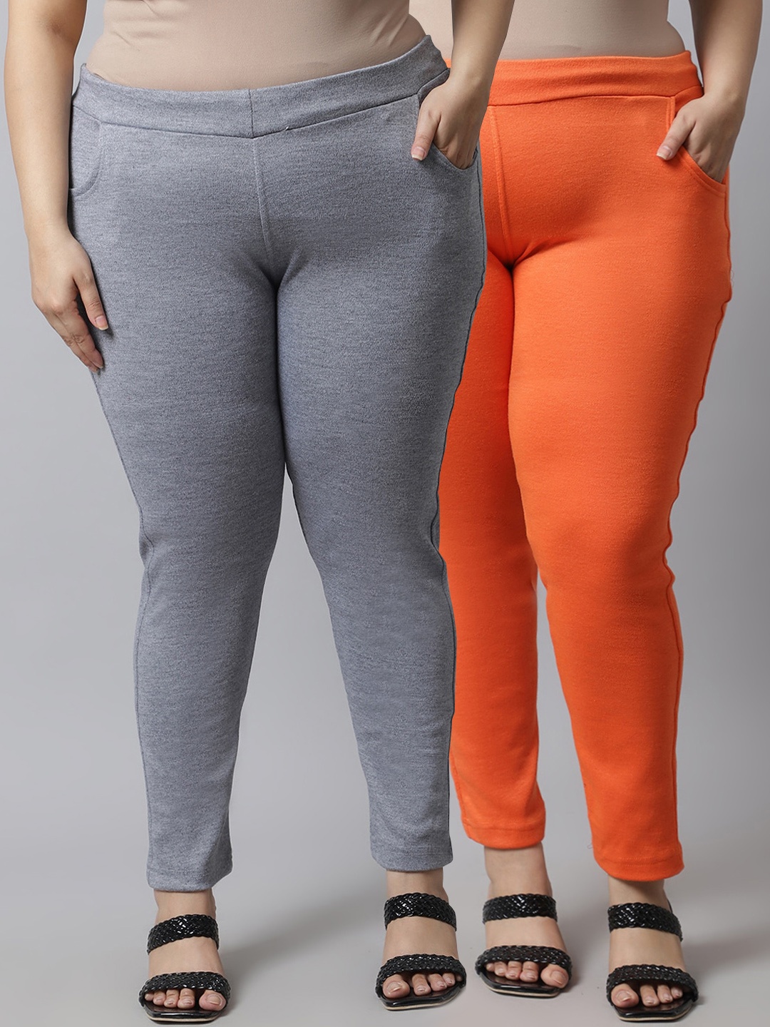 

TAG 7 PLUS Plus Size Women Pack of 2 Grey & Orange Solid Woolen Leggings