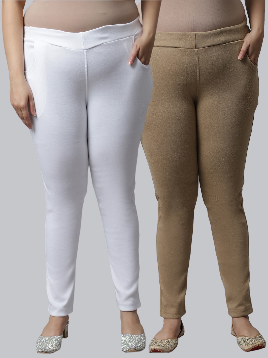 

TAG 7 PLUS Women Plus Size Pack Of 2 Solid Ankle Length Woolen Leggings, Beige